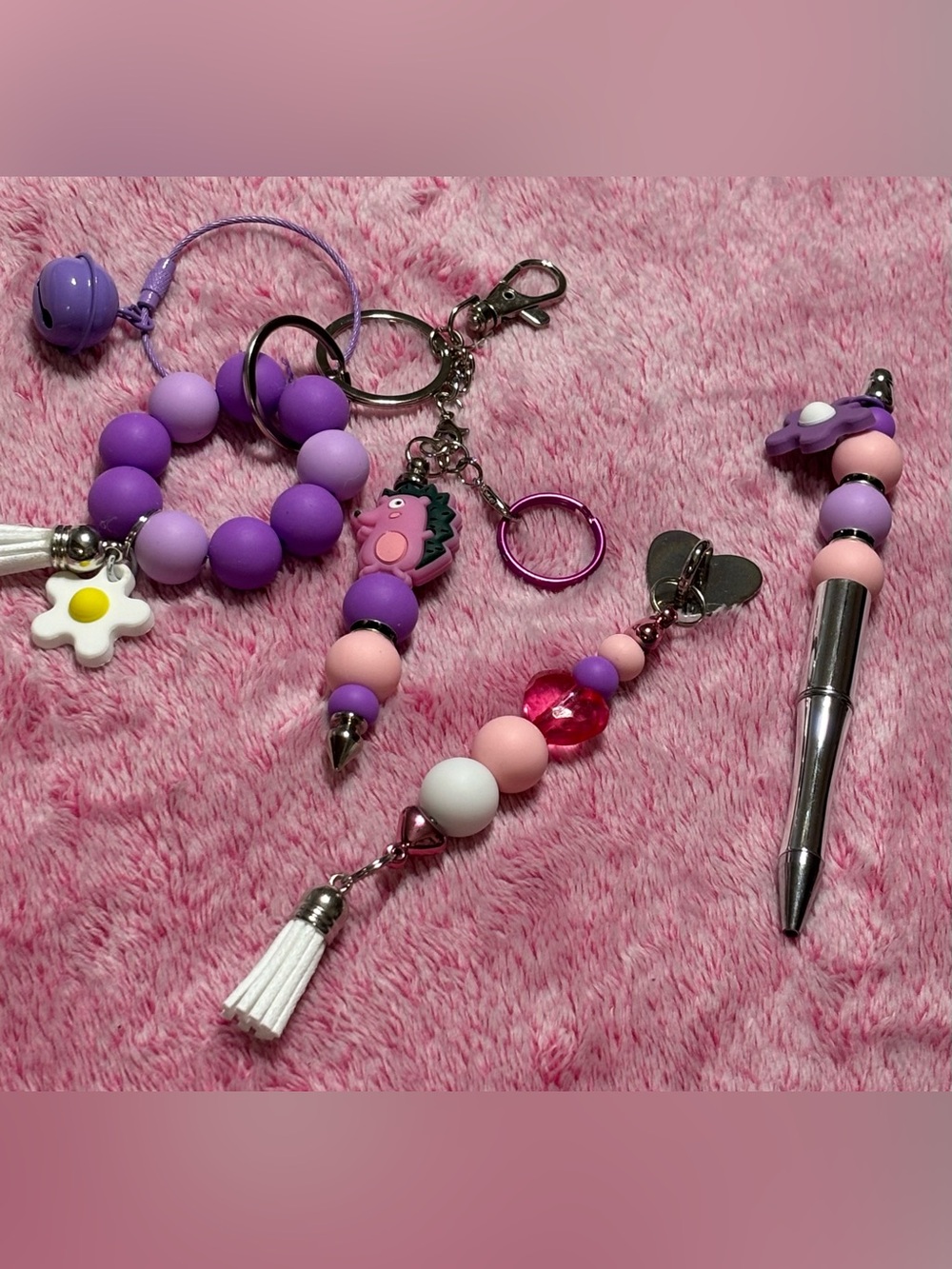 Adorable Matte Purple & Pink Beaded Keychain Hedgehog Charmfor  Phone And Pen